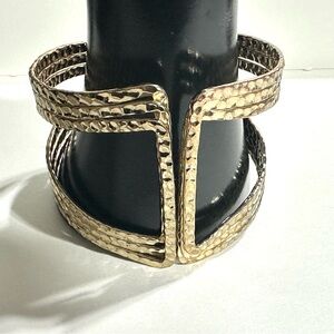 Gold Tone Hammered Fish Scale Hinged Wide Open Cuff or Arm Bracelet Boho Chic